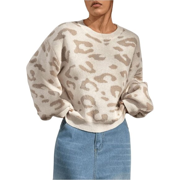 Women´s Vintage Leopard Print Crew Neck Drop Shoulder...